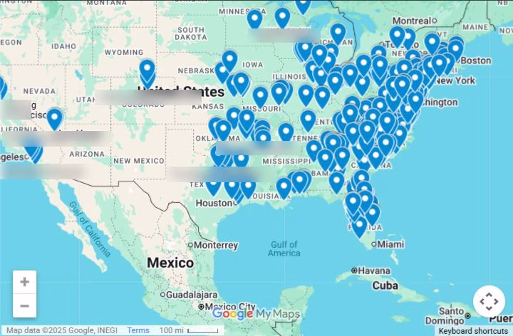 Map of the PowerWashCompany.com contractor referral network with pins across the United States