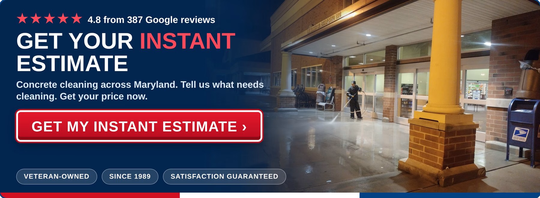 Get an instant estimate for concrete cleaning from PowerWashCompany.com. Veteran-owned, 4.8 stars from 387 Google reviews.
