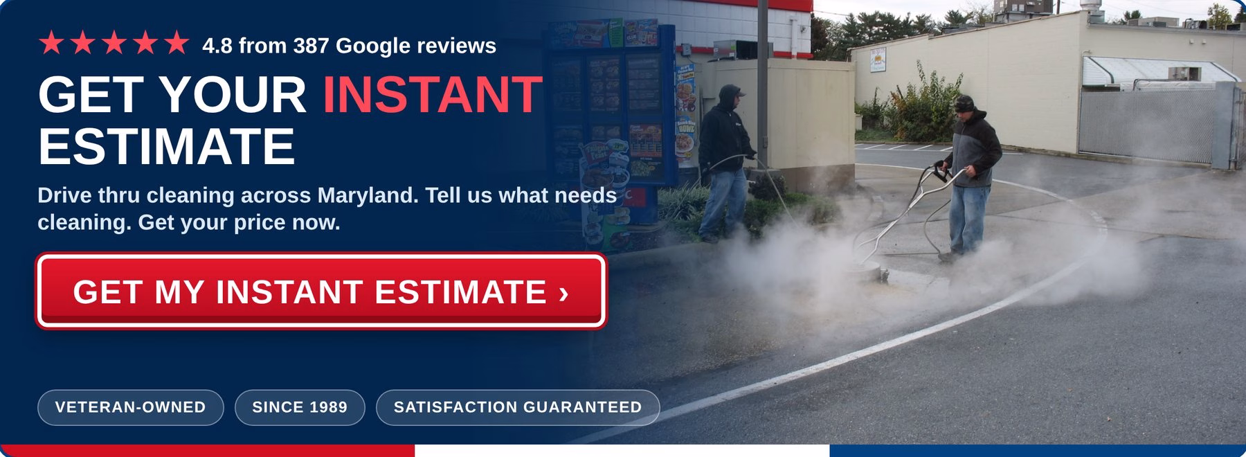 Get an instant estimate for drive thru cleaning from PowerWashCompany.com. Veteran-owned, 4.8 stars from 387 Google reviews.