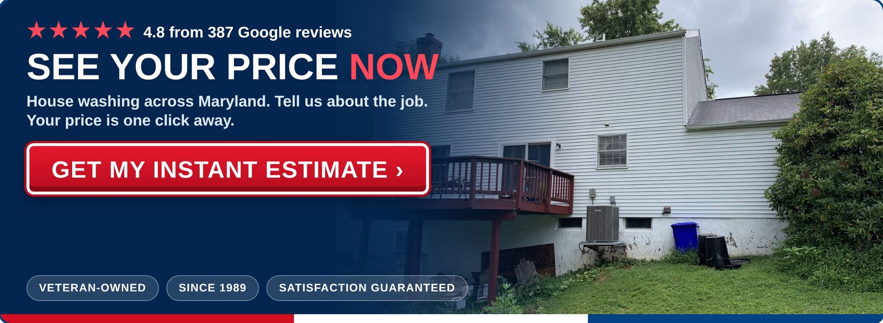 Get an instant estimate for house washing from PowerWashCompany.com. Veteran-owned, 4.8 on Google.