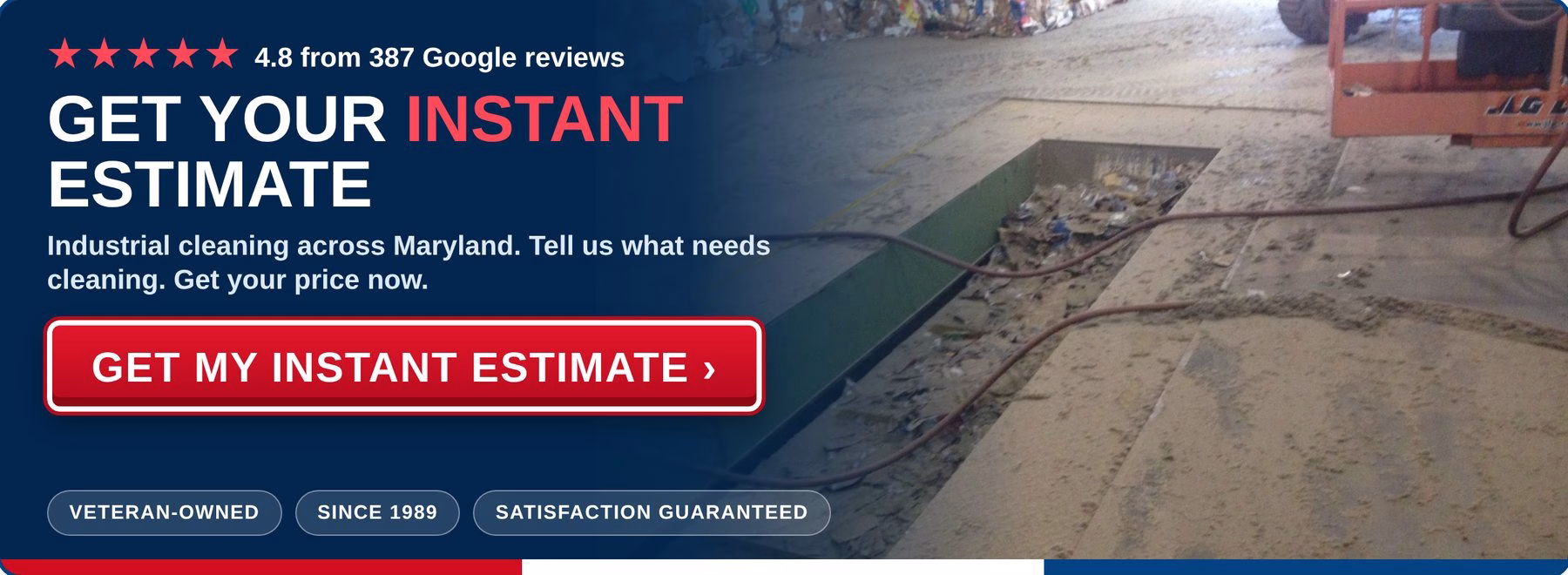 Get an instant estimate for industrial power washing from PowerWashCompany.com. Veteran-owned, 4.8 stars from 387 Google reviews.
