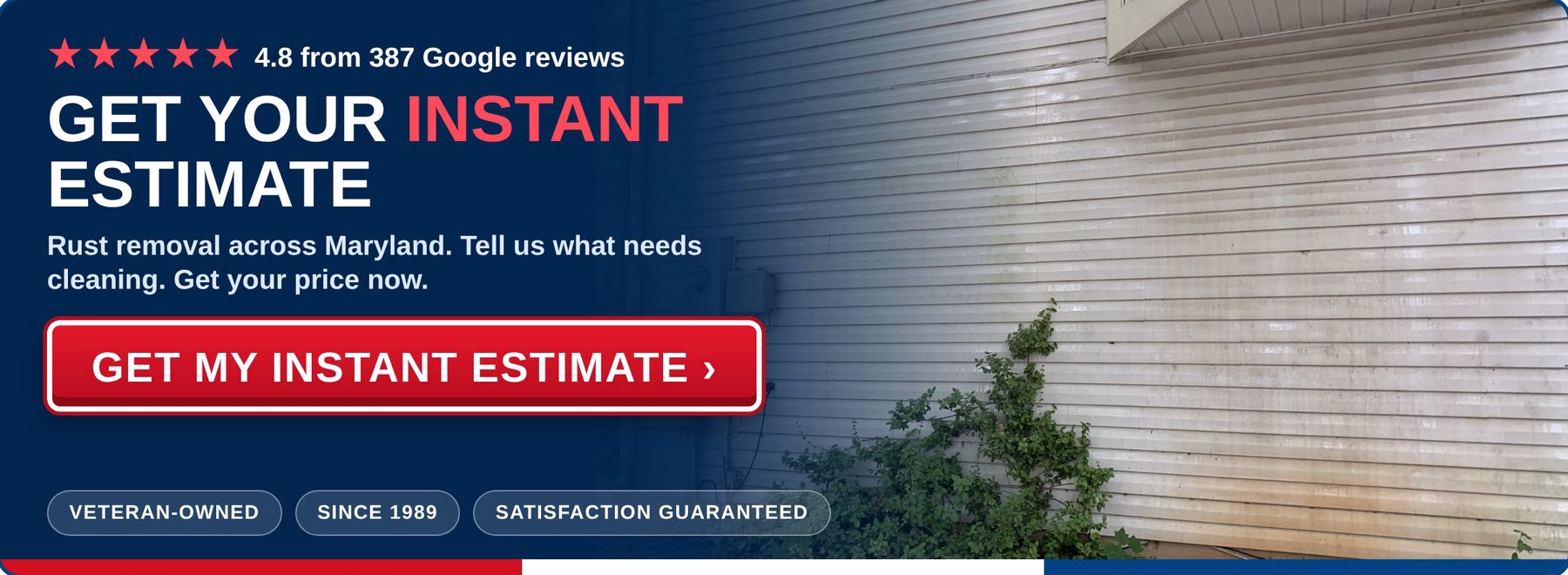 Get an instant estimate for rust removal from PowerWashCompany.com. Veteran-owned, 4.8 stars from 387 Google reviews.