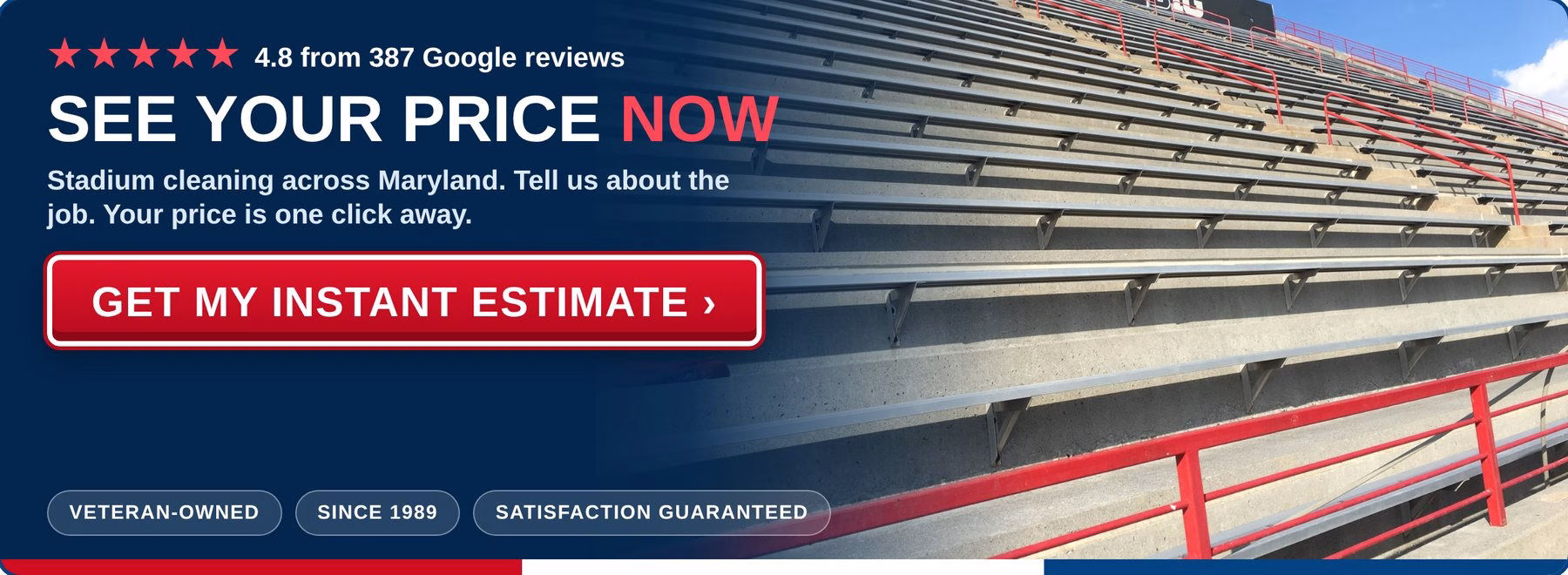 Get an instant estimate for stadium cleaning from PowerWashCompany.com. Veteran-owned, 4.8 stars from 387 Google reviews.