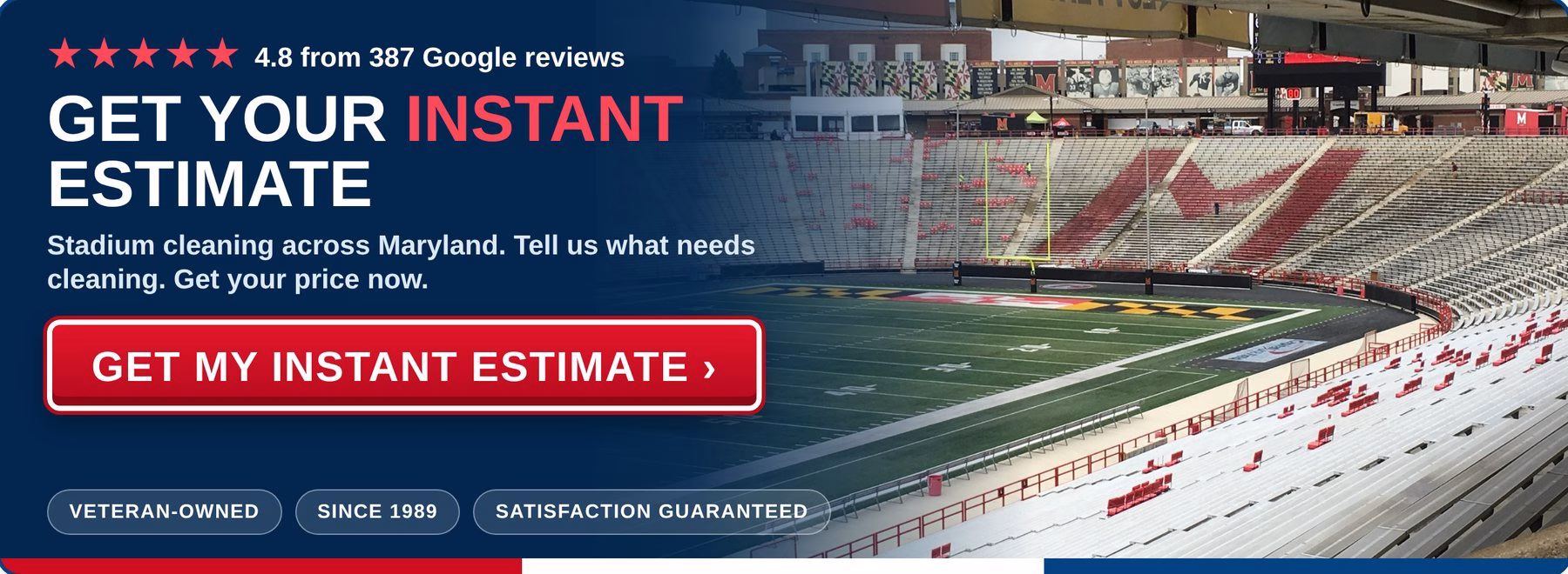 Get an instant estimate for stadium cleaning from PowerWashCompany.com. Veteran-owned, 4.8 stars from 387 Google reviews.