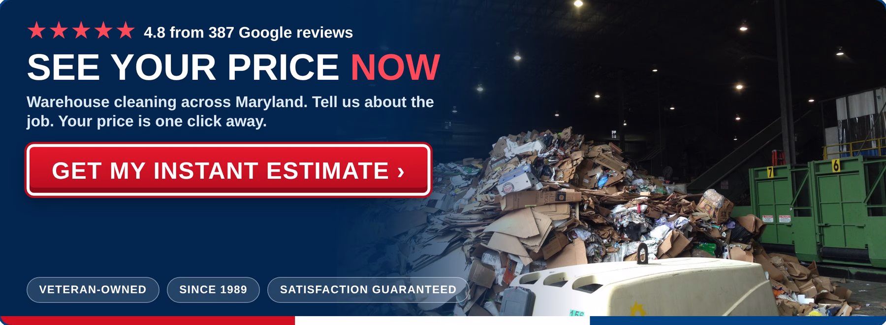 Get an instant estimate for warehouse cleaning from PowerWashCompany.com. Veteran-owned, 4.8 stars from 387 Google reviews.