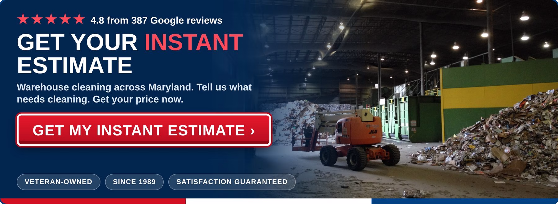 Get an instant estimate for warehouse cleaning from PowerWashCompany.com. Veteran-owned, 4.8 stars from 387 Google reviews.
